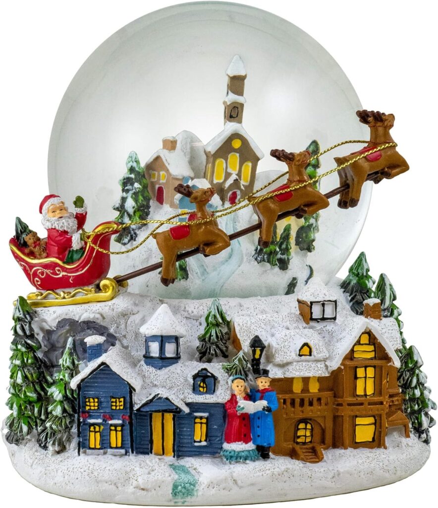 サンフランシスコのオルゴールによる村のスノードームの上を飛ぶトナカイのサンタ