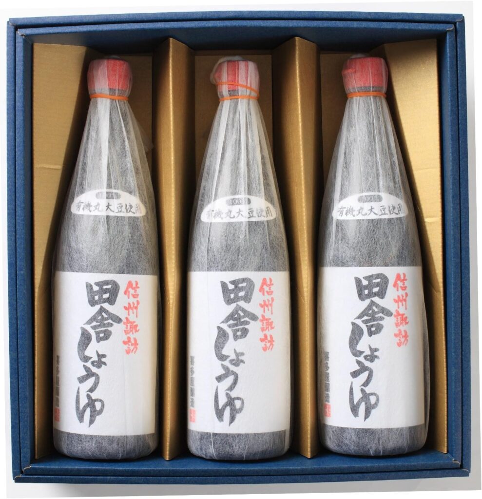 信州諏訪発 貴重な味噌たまり入り有機大豆の田舎醤油3本の贈答セット