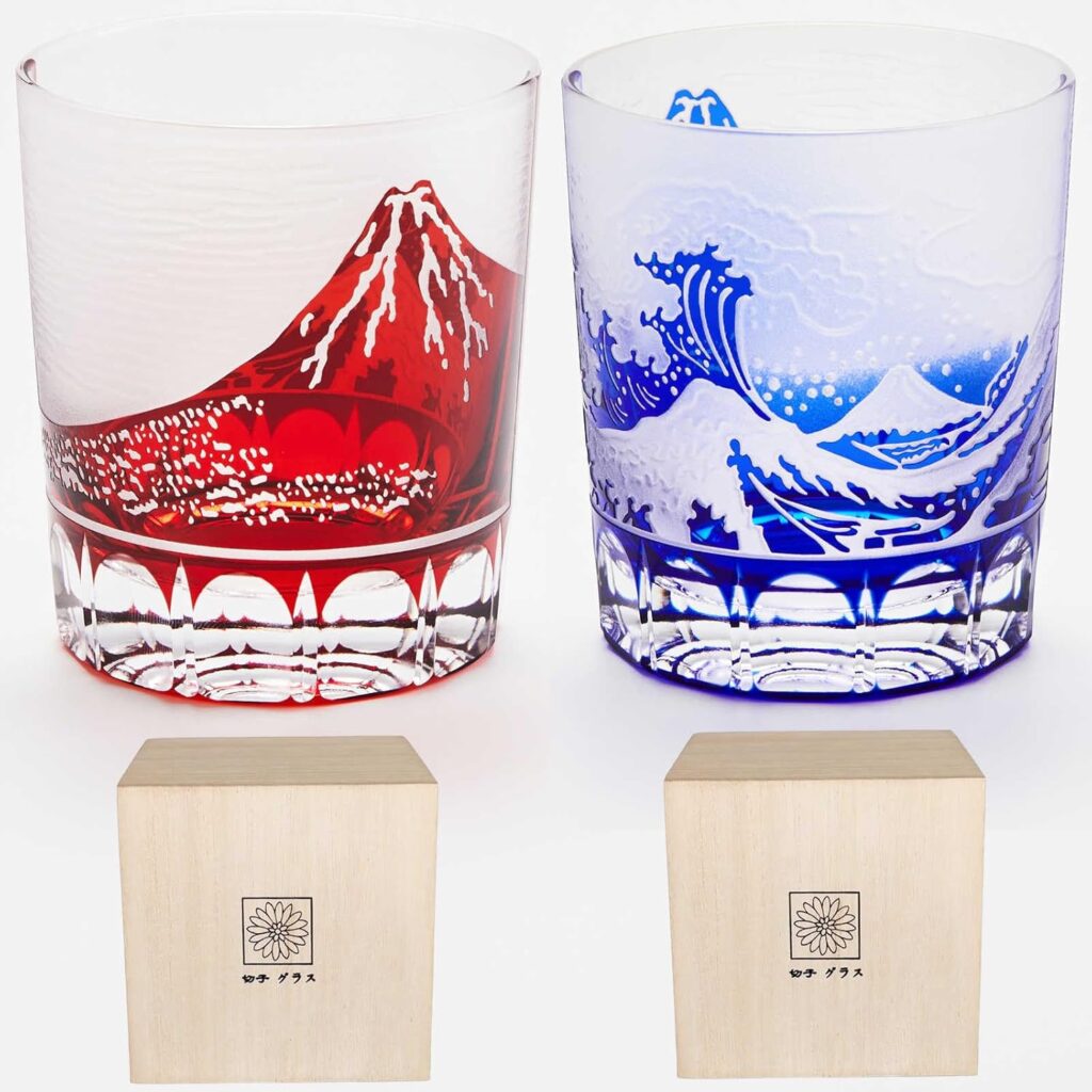 切子グラス 富士山ロックグラス 富士+波富士